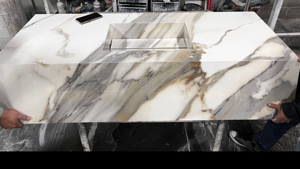 Calacatta-look quartz waterfall-edge slab