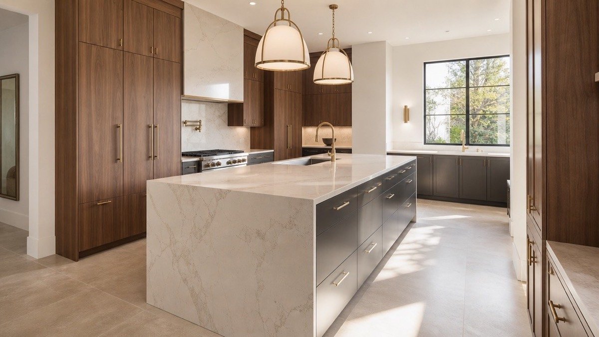 Kitchen with a quartz waterfall-edge island, walnut cabinetry, and brass fixtures
