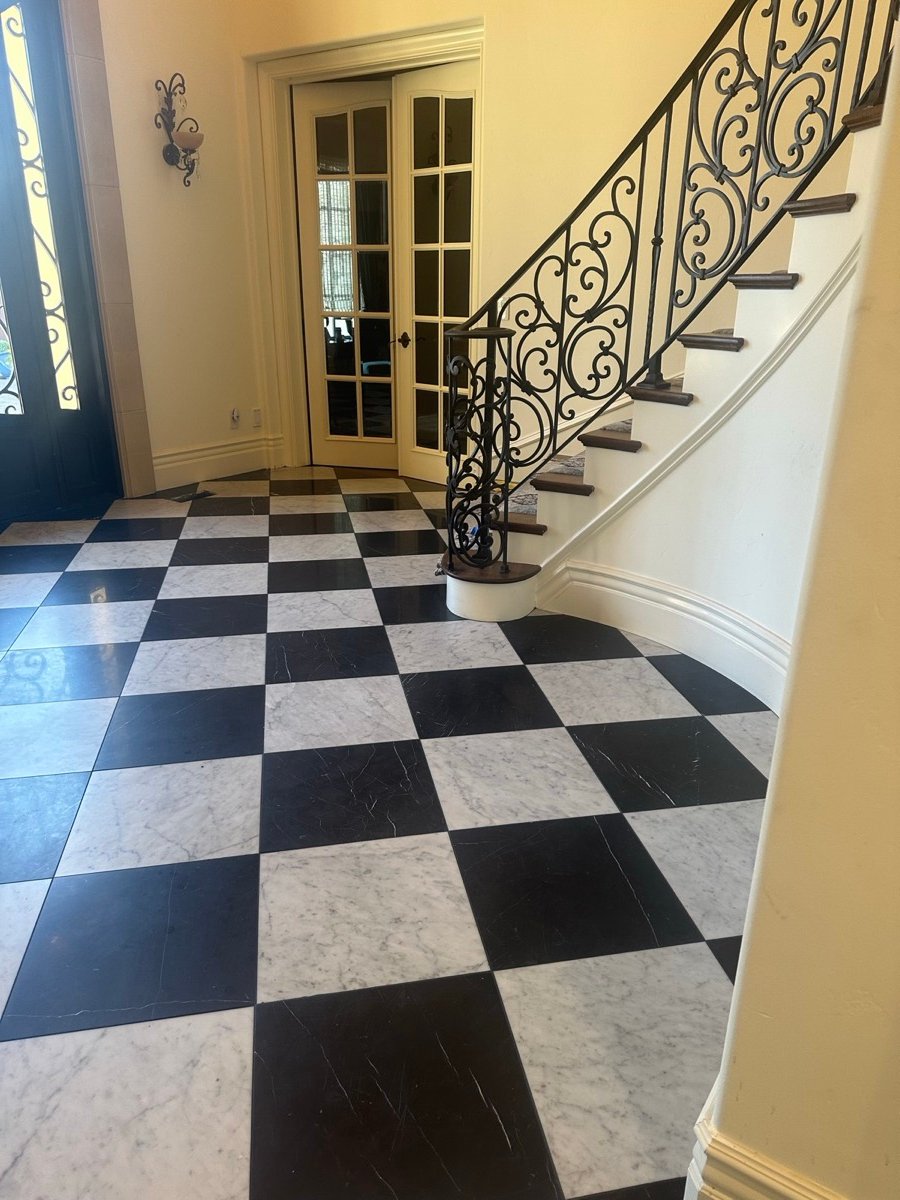 Checkerboard tile walkway